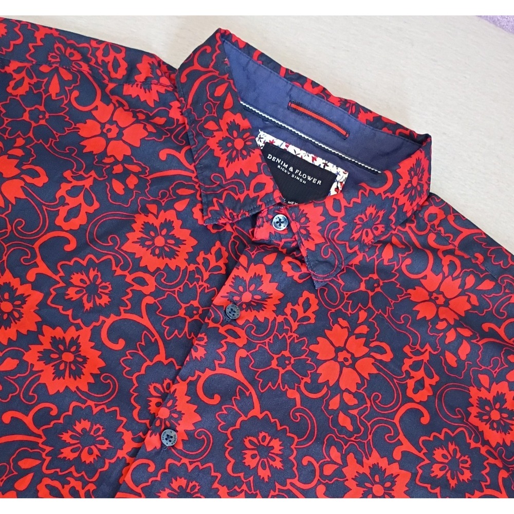 Denim & Flower Ricky Singh Mens XL Floral Button Up Short Sleeve Shirt Red/Blue